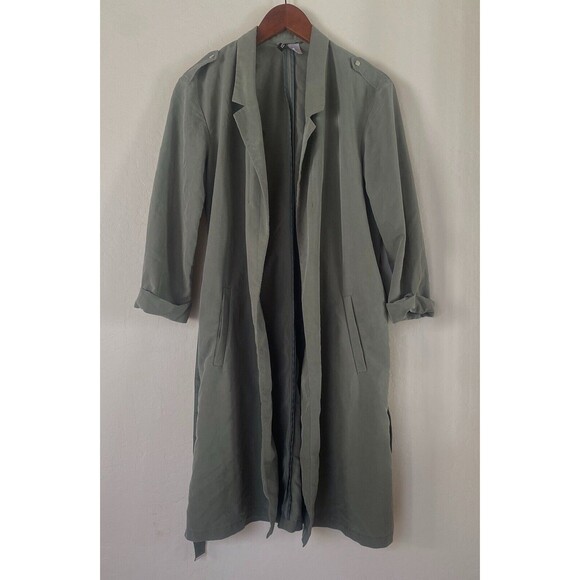 H&M Divided Women’s Dark Sage Green Belted Long Trench Size Small - Picture 6 of 15